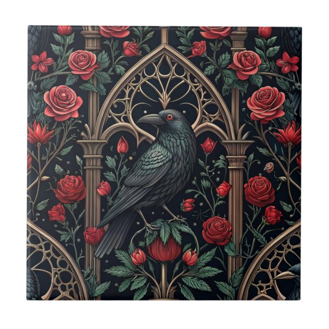 Gothic Raven Roses Ornate Pattern Tile (Front)