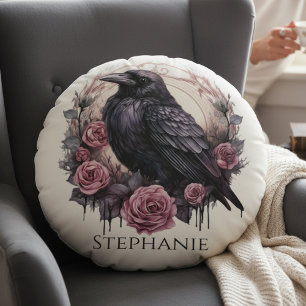 Gothic Raven & Roses – Personalized Cozy Mystical Round Pillow