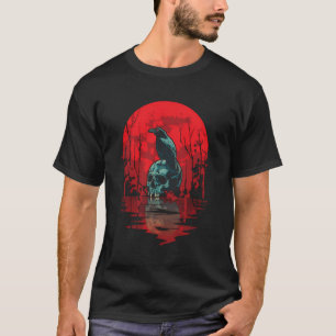 Gothic Raven Skull Red Moon Black Crow T-Shirt