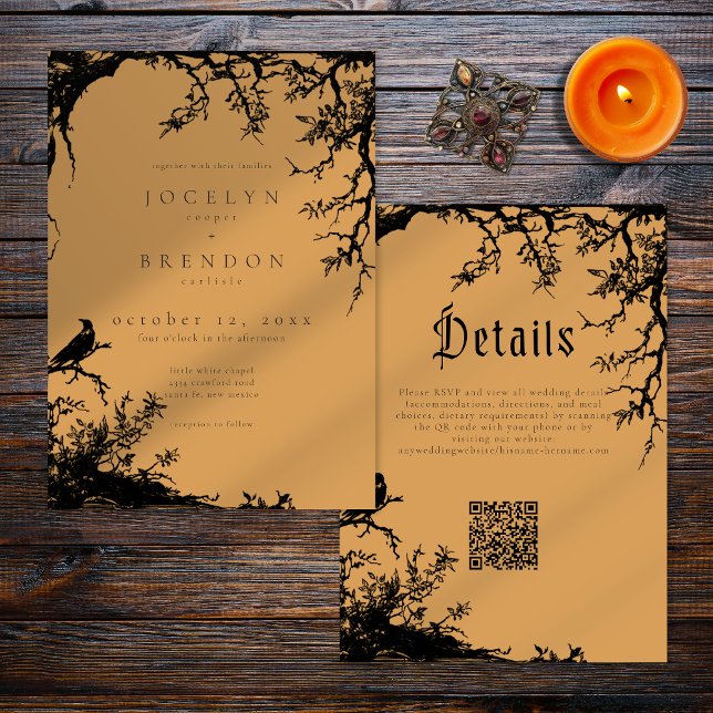Gothic Raven Tree Engraving Black Orange Wedding Invitation (Creator Uploaded)
