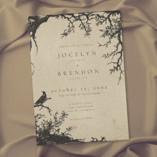 Gothic Raven Tree Engraving Black Tan Wedding Invitation