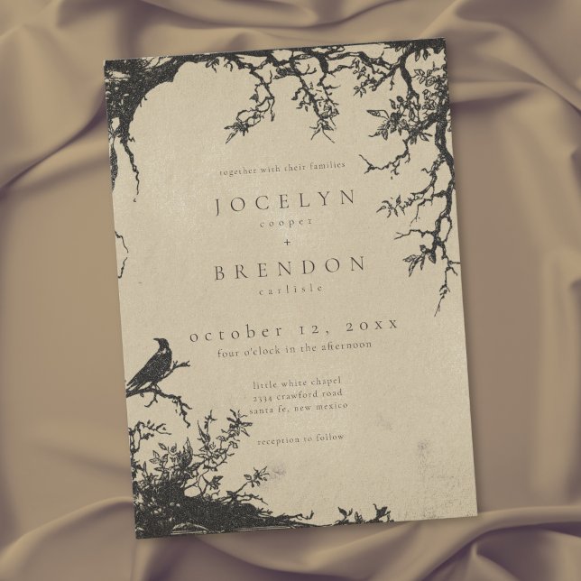 Gothic Raven Tree Engraving Black Tan Wedding Invitation (Gothic Raven Tree Engraving Black Tan Wedding Invitation)