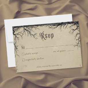 Gothic Raven Tree Engraving Black Tan Wedding RSVP Card