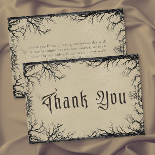 Gothic Raven Tree Engraving Black Tan Wedding Thank You Card