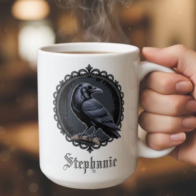 Gothic Raven with Name Coffee Mug (Dual sided gothic raven personalized coffee mug)