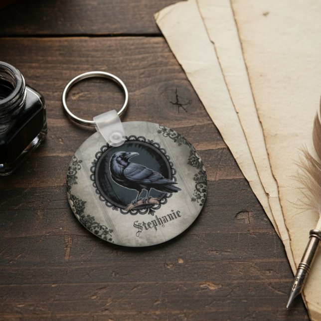 Gothic Raven with Name Keychain (Gothic Raven personalized keychain)