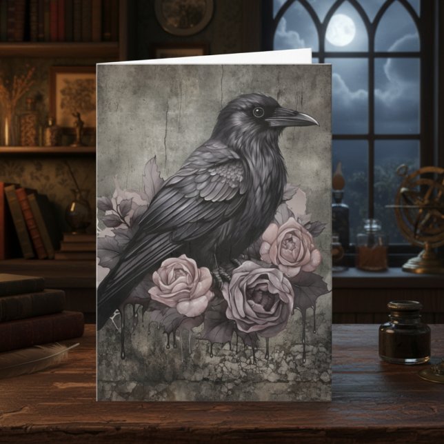Gothic Raven with Roses Dark Card (Black raven with roses note card)