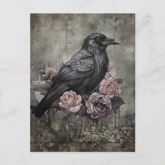 Gothic Raven with Roses Vintage Art Print Postcard (Front)