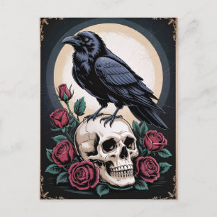 Gothic Raven with Skull and Roses Decoupage Postcard