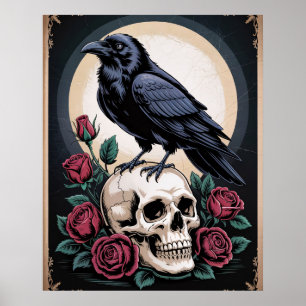 Gothic Raven with Skull and Roses Poster