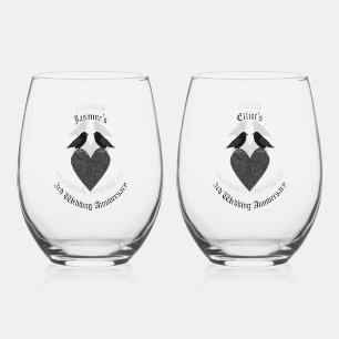 Gothic Ravens and Black Heart 3rd Anniversary Stemless Wine Glass