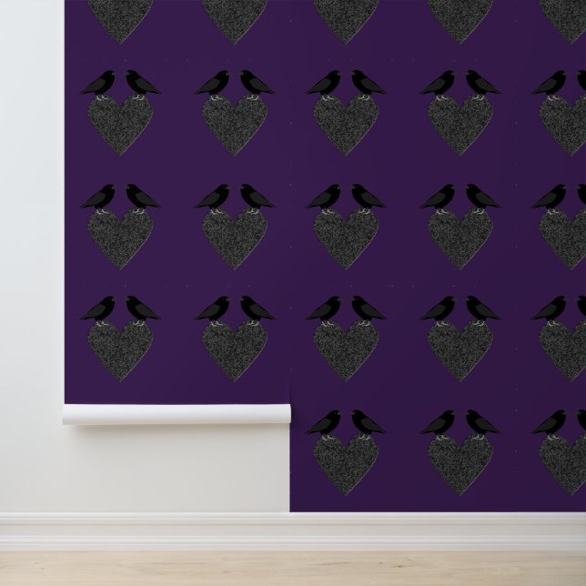 Gothic Ravens and Black Heart Patterned Wallpaper (Application)