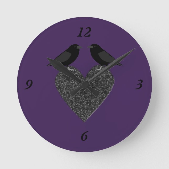 Gothic Ravens and Black Heart Round Clock (Front)