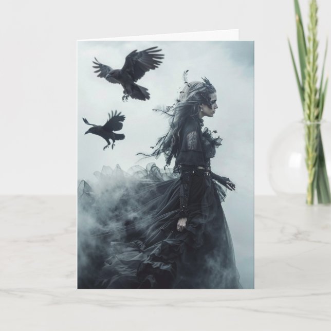 Gothic Ravens and Goddess Halloween Greeting Card (Front)