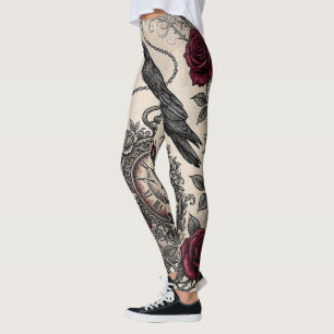 Gothic Raven's Clock and Roses Leggings