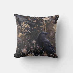 Gothic Ravens & Flowers Pattern Throw Pillow