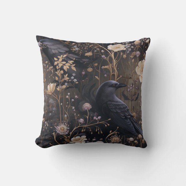 Gothic Ravens & Flowers Pattern Throw Pillow (Front)