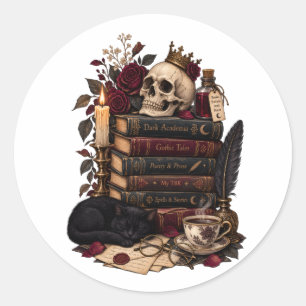 Gothic Reader Literary Bookworm Skull & Roses Classic Round Sticker