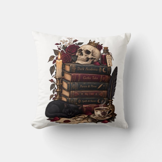 Gothic Reader Literary Bookworm Skull & Roses Throw Pillow (Front)