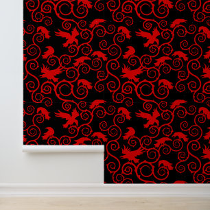 Gothic Red and Black Raven Victorian Gothic Home Wallpaper