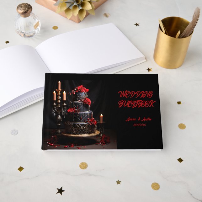 Gothic Red and Black Wedding Cake and Candles Guest Book (Front Open)