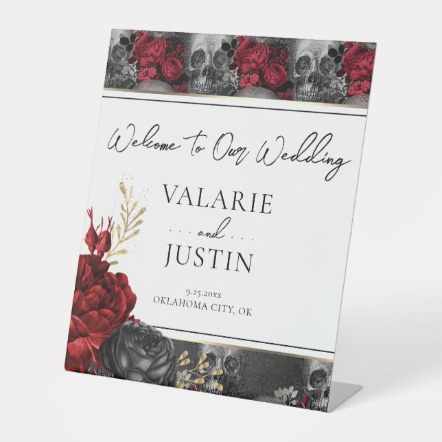Gothic Red Black Floral Welcome Wedding Pedestal Sign (Front)