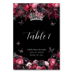 Gothic Red Black Moody Florals Quinceañera Table Number