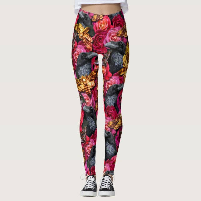 Gothic Red Black Raven Deaths Head Moth Floral Leggings (Front)