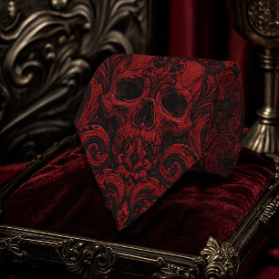 Gothic Red & Black Skull Damask Seamless Pattern   Tie