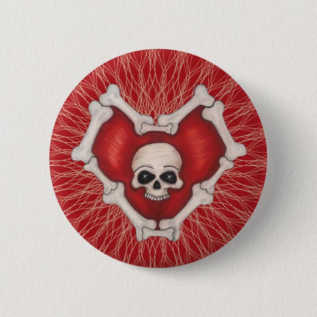 Gothic Red Bone Heart Skull in Centre Spiral Lines 2 Inch Round Button (Front)
