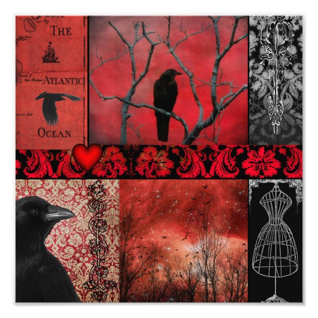 Gothic Red Crow Collage Photo Print (Front)