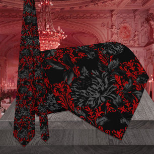 Gothic Red Damask Black Floral Wedding Tie