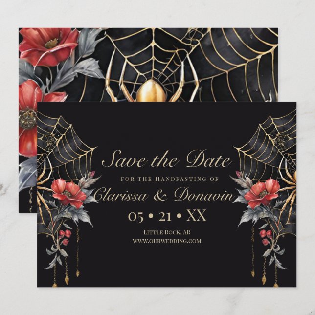 Gothic Red & Gold Floral Spider Web Handfasting Save The Date (Front/Back)