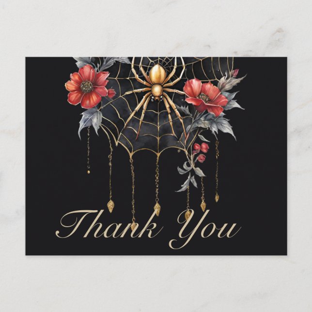 Gothic Red & Gold Floral Spiderweb Thank You Postcard (Front)