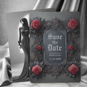 Gothic Red Grey Floral Photo Save the Date