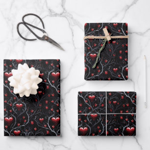 Gothic Red Heart and Gray Fine Lines Wrapping Paper Sheet