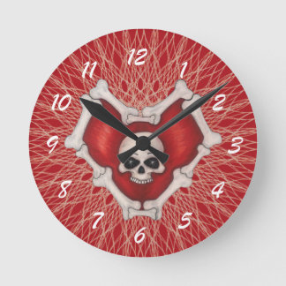 Gothic Red Heart Bones Skulls Spiral White Lines Round Clock