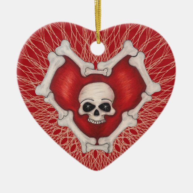 Gothic Red Heart Circled With Bones Skull Spirals Ceramic Ornament (Front)