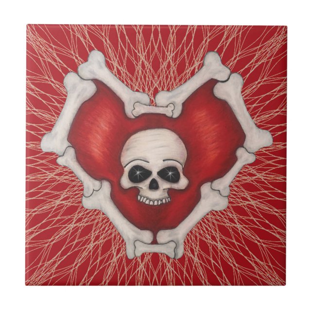 Gothic Red Heart With Bones Skull in Centre Spiral Tile (Front)
