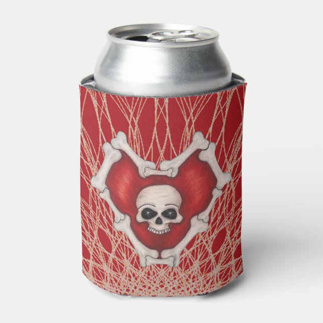 Gothic Red Heart With Bones Skull on Spiral Lines Can Cooler (Can Front)