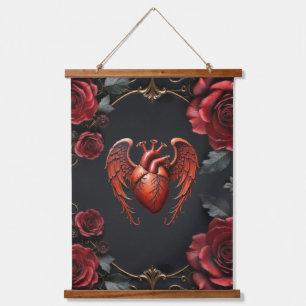 Gothic Red Heart with Roses – Dark Romantic Hanging Tapestry