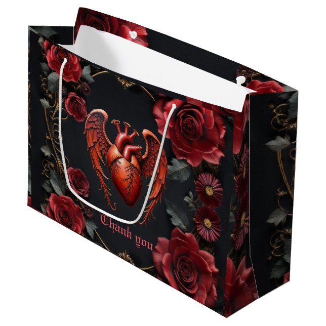 Gothic Red Heart with Roses – Dark Romantic  Large Gift Bag (Front Angled)