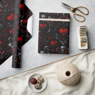 Gothic Red Hearts and Gray Skulls Wrapping Paper