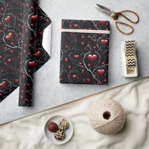 Gothic Red Hearts Gray Metal Fine Lines Wrapping Paper