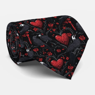 Gothic Red Hearts Red Flowers and Crows Tie