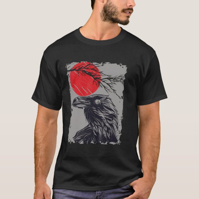 Gothic Red Moon Black Crow T-Shirt (Front)