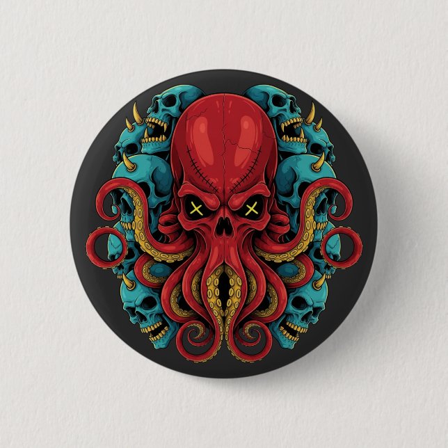 Gothic Red Octopus Blue Skulls 2 Inch Round Button (Front)
