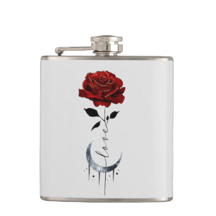 Gothic Red Rose and Crescent Moon with Love Hip Flask
