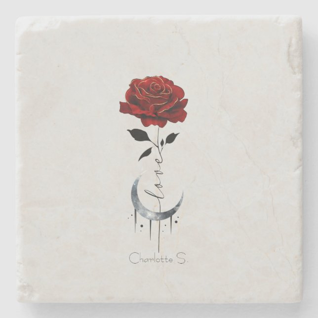 Gothic Red Rose and Crescent Moon with Love Stone Coaster (Front)