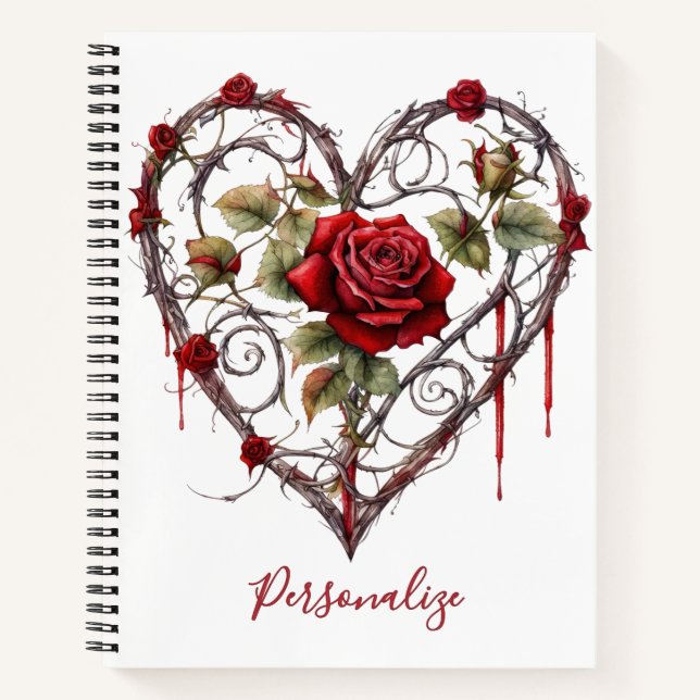 Gothic Red Rose Heart Vine Artwork Personalized Notebook (Front)